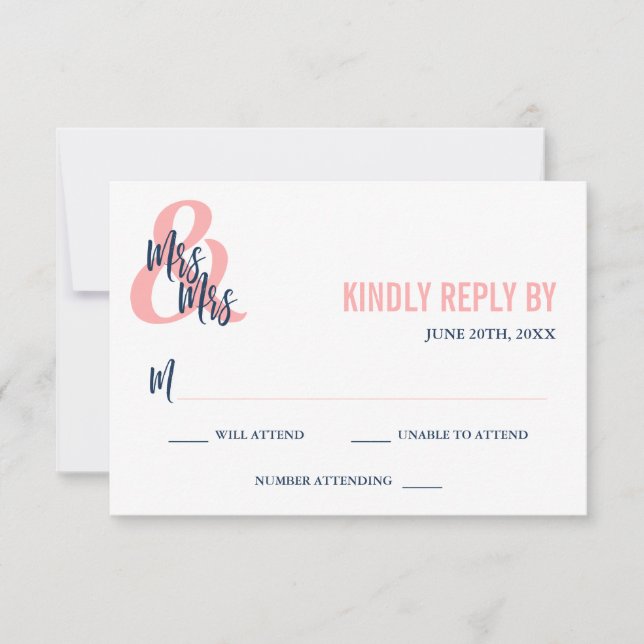 Preppy Coral & Navy Mrs & Mrs Wedding RSVP Card (Front)