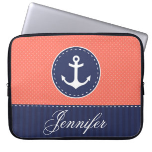 Preppy Coral Navy Nautical Anchor Custom Name Laptop Sleeve