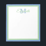 Preppy Cornflower Blue and Sage Green Monogram Notepad<br><div class="desc">Personalize this preppy soft sage green,  cornflower blue and white monogram notepad with your choice of name and initial.</div>
