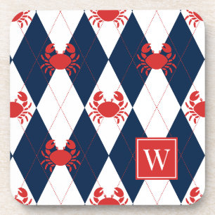 Preppy Crab Argyle Red & Navy Monogram Coaster
