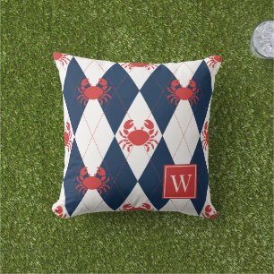 Preppy Crab Argyle Red & Navy Monogram Outdoor Pillow