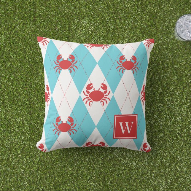 Preppy Crab Argyle Red & Turquoise Monogram Outdoor Pillow (Grass)