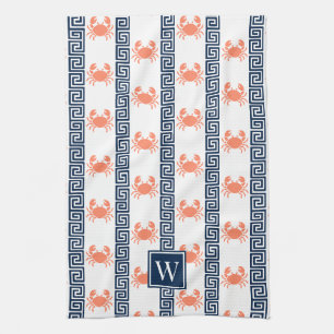 Preppy Crab Greek Key Coral & Navy Monogram Kitchen Towel