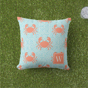 Preppy Crab Greek Key Coral & Turquoise Monogram Outdoor Pillow