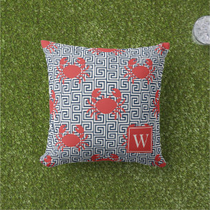 Preppy Crab Greek Key Red & Navy Monogram Outdoor Pillow