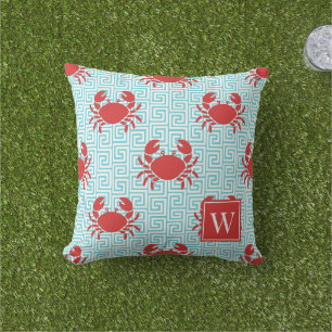 Preppy Crab Greek Key Red & Turquoise Monogram Outdoor Pillow