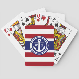 Preppy Cranberry Stripe Anchor Monogram Navy Blue Playing Cards