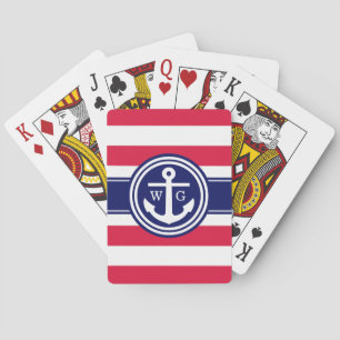 Preppy Crimson Stripe Anchor Monogram on Navy Blue Playing Cards