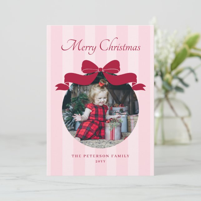 Preppy Cute Bow Striped Photo Christmas Holiday Card (Standing Front)