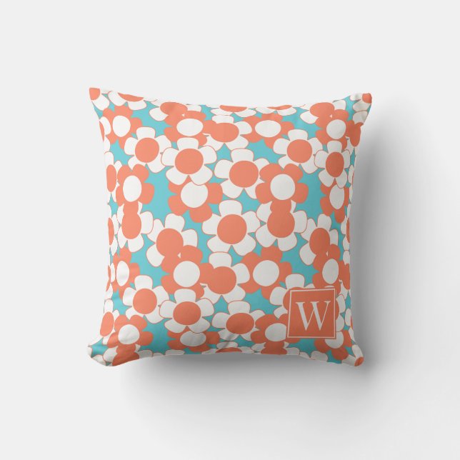 Preppy Daisy Bloom – Coral & Turquoise Monogram Throw Pillow (Front)