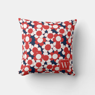 Preppy Daisy Bloom – Red White & Navy Monogram Throw Pillow