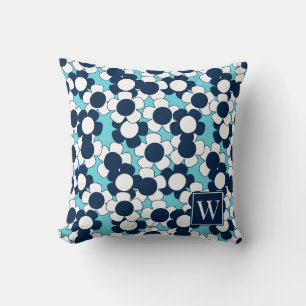 Preppy Daisy Bloom – Turquoise & Navy Monogram Throw Pillow