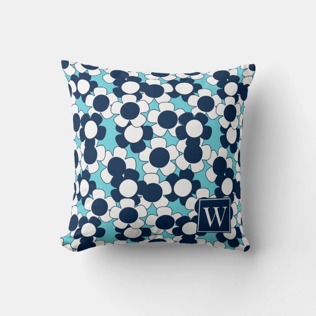 Preppy Daisy Bloom – Turquoise & Navy Monogram Throw Pillow (Front)