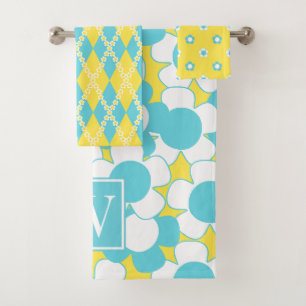 Preppy Daisy Bloom – Yellow & Turquoise Monogram Bath Towel Set