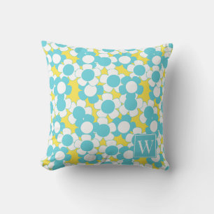 Preppy Daisy Bloom – Yellow & Turquoise Monogram Throw Pillow
