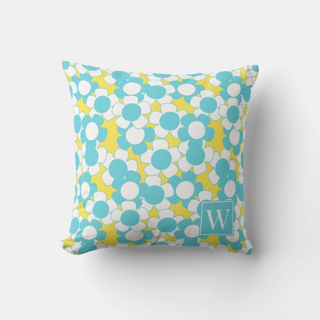 Preppy Daisy Bloom – Yellow & Turquoise Monogram Throw Pillow (Front)