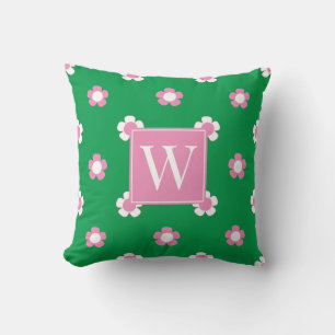 Preppy Daisy Field – Pink & Green Monogram Throw Pillow