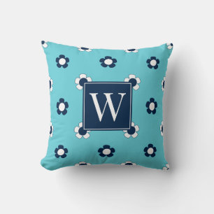 Preppy Daisy Field – Turquoise & Navy Monogram Throw Pillow