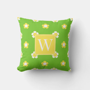 Preppy Daisy Field – Yellow & Lime Monogram Throw Pillow