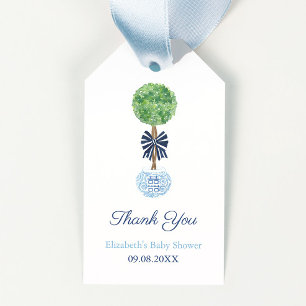 Preppy Dark Blue Bow Boxwood Topiary Baby Shower Gift Tags