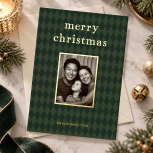 Preppy Dark Green Argyle Gold Foil Christmas Photo Holiday Card