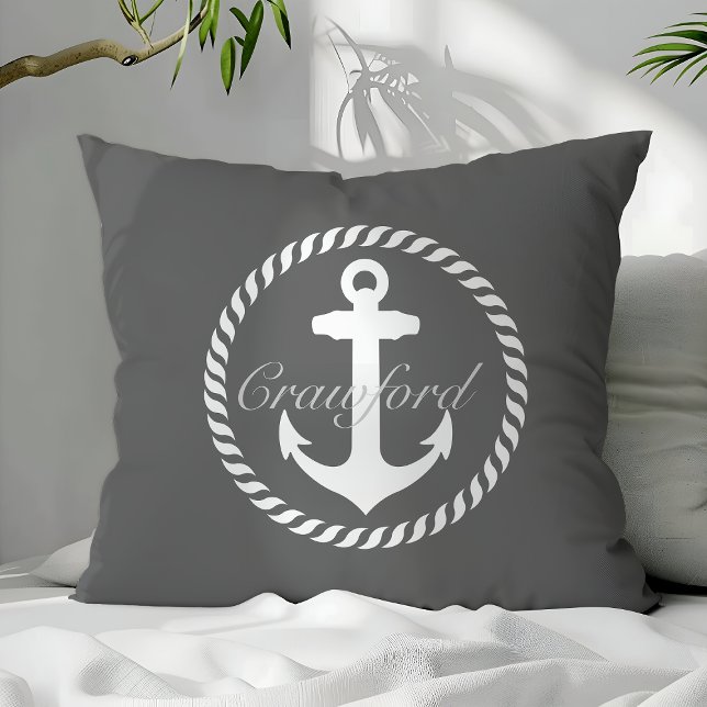 Preppy Dark Grey & White Nautical Anchor Monogram Throw Pillow (Creator Uploaded)
