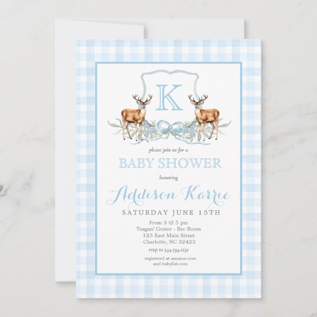 Preppy Deer Gingham Crest Baby Shower Invitation (Front)