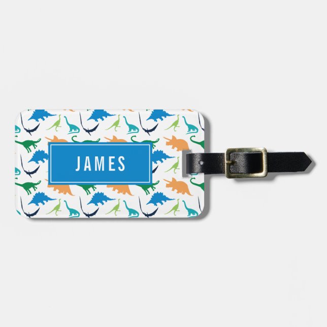 Preppy Dinosaur Personalize Silhouette Boy Luggage Tag (Front Horizontal)