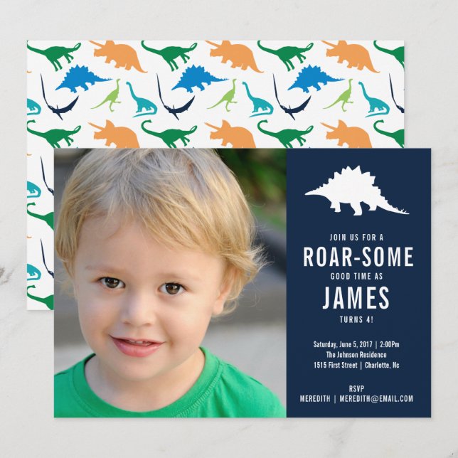 Preppy Dinosaur Silhouette  Birthday Party Photo Invitation (Front/Back)