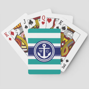 Preppy Dk Teal Stripe Anchor Monogram on Navy Blue Playing Cards
