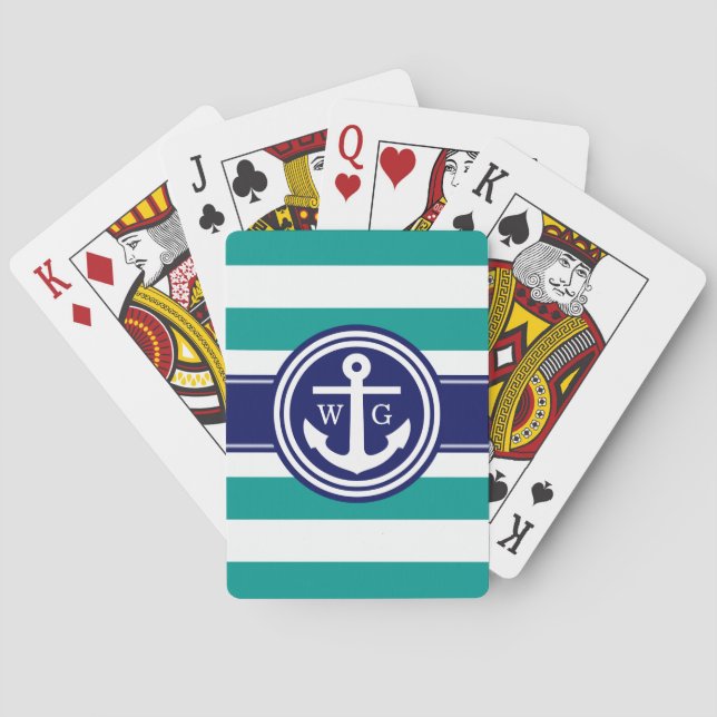 Preppy Dk Teal Stripe Anchor Monogram on Navy Blue Playing Cards (Back)