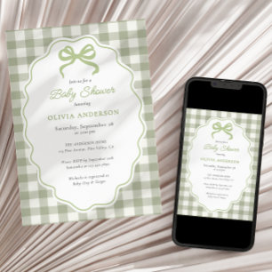 Preppy Doodle Frame Green Gingham Bow Baby Shower Invitation