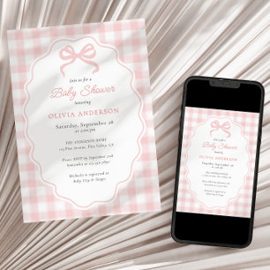 Preppy Doodle Frame Pink Gingham & Bow Baby Shower Invitation