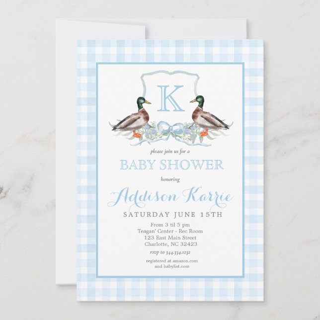 Preppy Duck En vichy Crest Baby shower Invitation (Devant)