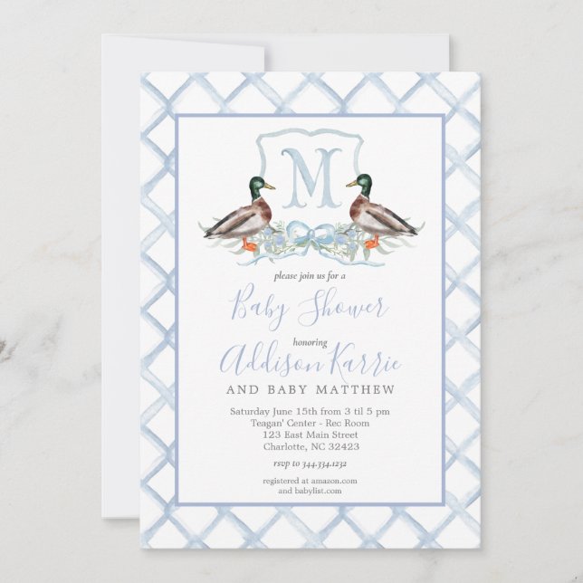 Preppy Duck En vichy Crest Baby shower Invitation (Devant)