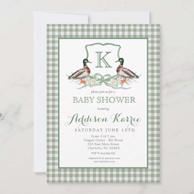 Preppy Duck Gingham Crest Baby Shower Invitation (Front)