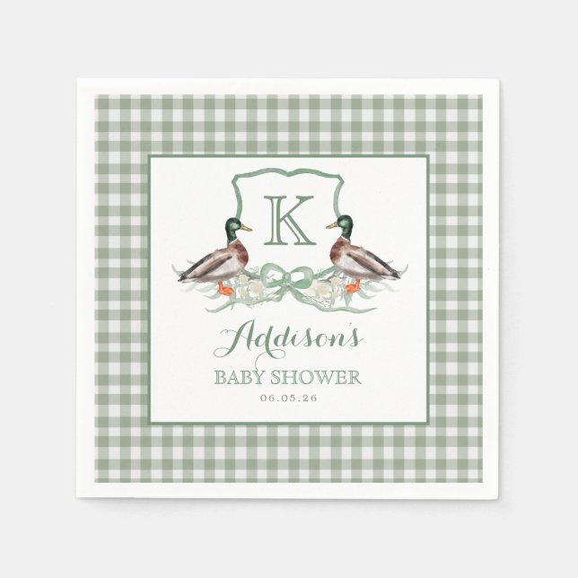 Preppy Duck Gingham Crest Baby Shower Invitation Napkin (Front)