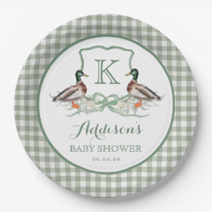 Preppy Duck Gingham Crest Baby Shower Invitation Paper Plate
