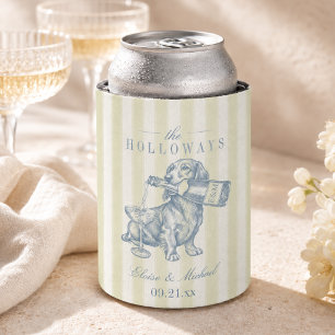 Preppy Dusty Blue Stripe Dachshund Wedding Can Cooler