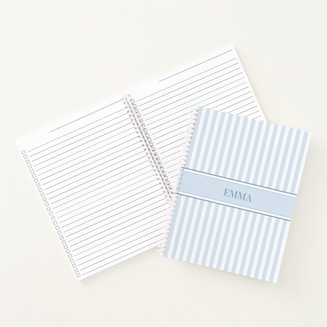 Preppy Dusty Blue Striped Simple Personalized Name Notebook (Inside)