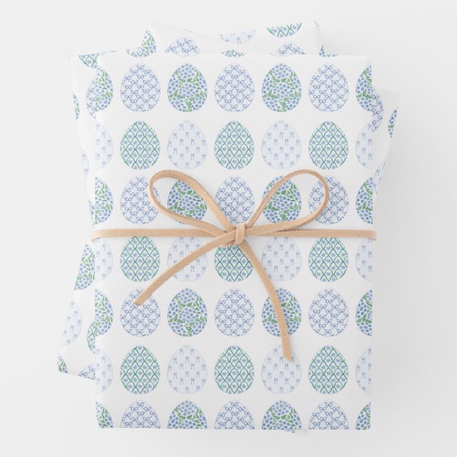 Preppy Easter Blue and Green Hydrangea Bow Trellis Wrapping Paper Sheet (In situ)