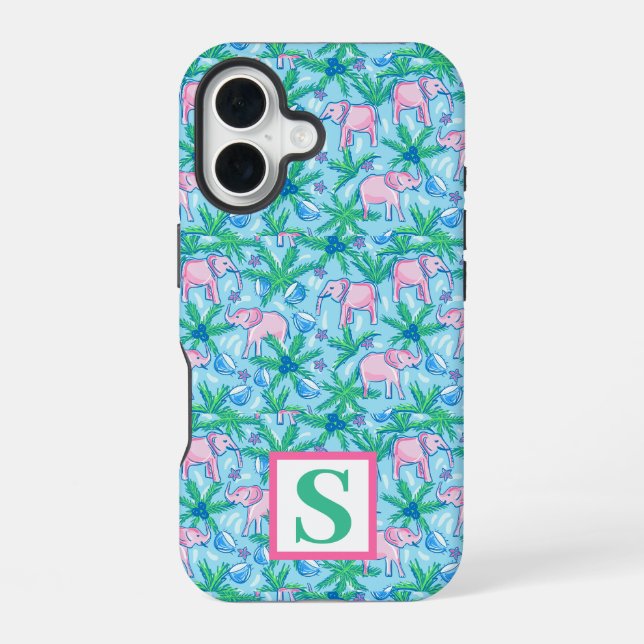 Preppy Elephant Pattern Personalized Monogram iPhone 16 Case (Back)