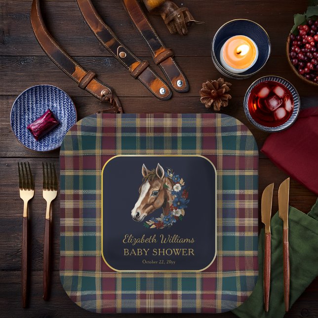 Preppy Equestrian Foal Floral Baby Shower Paper Plate (Charming Classic Preppy Equestrian Foal and Floral Wreath |Plaid Boy Baby Shower Square Paper Plates)
