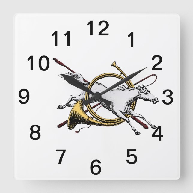Preppy Equestrian Horse Jumping Through Horn Color Square Wall Clock (Front)