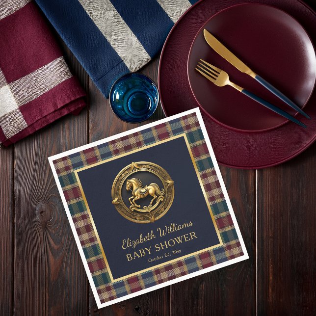 Preppy Equestrian Rocking Horse Blue Baby Shower Napkin (Charming Preppy Equestrian Gold Rocking Horse  Navy Blue with Plaid Boy Baby Shower Paper Napkins)
