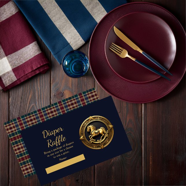 Preppy Equestrian Rocking Horse Blue Diaper Raffle Enclosure Card (Charming Classic Preppy Equestrian Gold Tone Rocking Horse | Plaid Background Boy Baby Shower Invite)