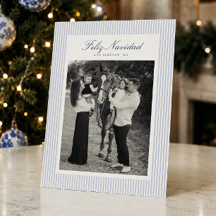 Preppy Feliz Navidad Blue Stripe Christmas Photo Holiday Card