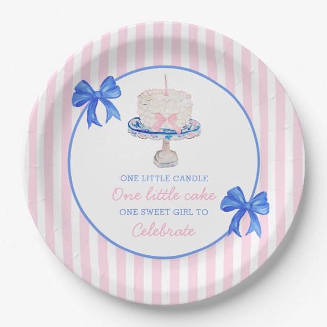 Preppy First Birthday Chinoiserie Ruffle Cake Bows Paper Plate (Front)
