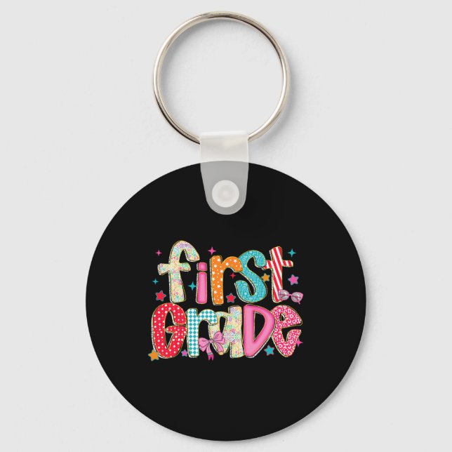Preppy First Grade Back To School 1st Grade Teache Keychain (Front)