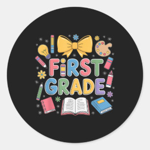 Preppy First Grade Back To School Coquette Bow Tea Classic Round Sticker